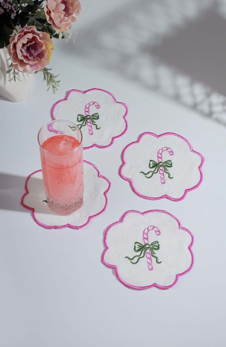 Tiramisu Set of 4 Embroidered Candy Cane Charm Linen Cocktail Napkins, Alternate, color, Pink/Green