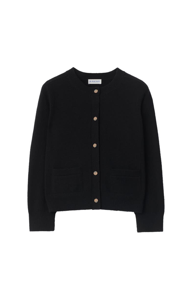 Girls' Check Patch Wool Cashmere Cardigan, Main, color, Black
