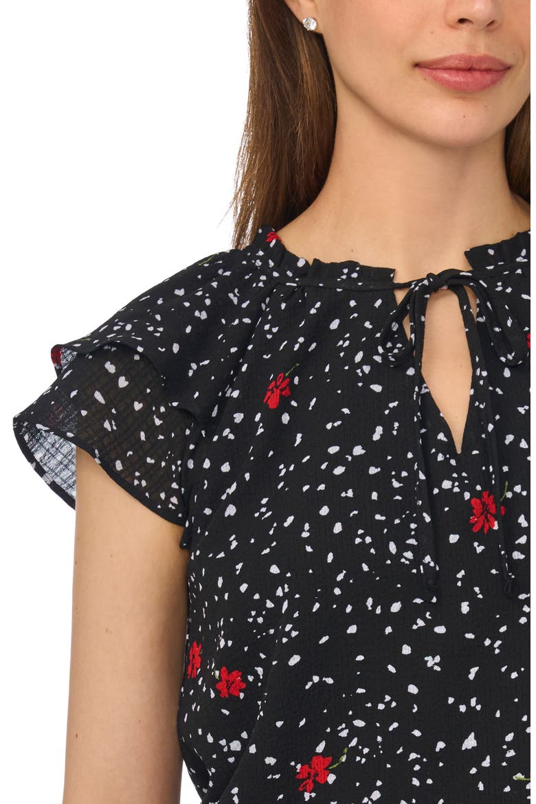 Floral Dot Flutter Sleeve Split Neck Top, Alternate, color, RICH BLACK