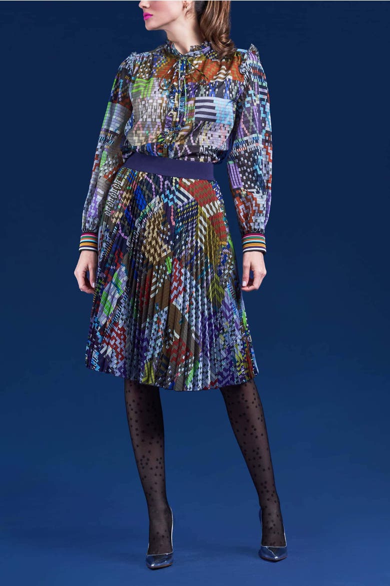 Plissee Skirt With Geometrical Pattern, Alternate, color, Blue Multicolor
