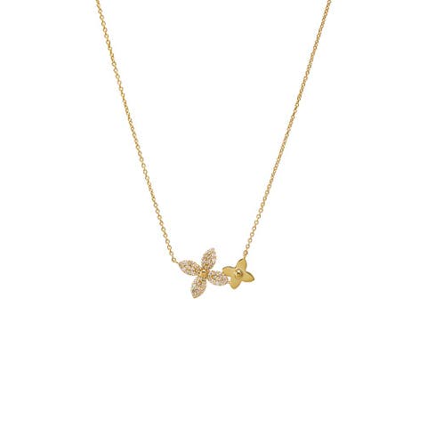 Diamond Pave/Solid Double Flower Necklace 14K