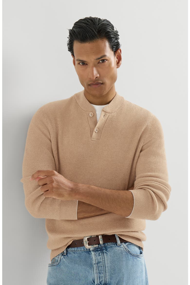 Cashmere English rib sweater with Henley collar, Alternate, color, Camel