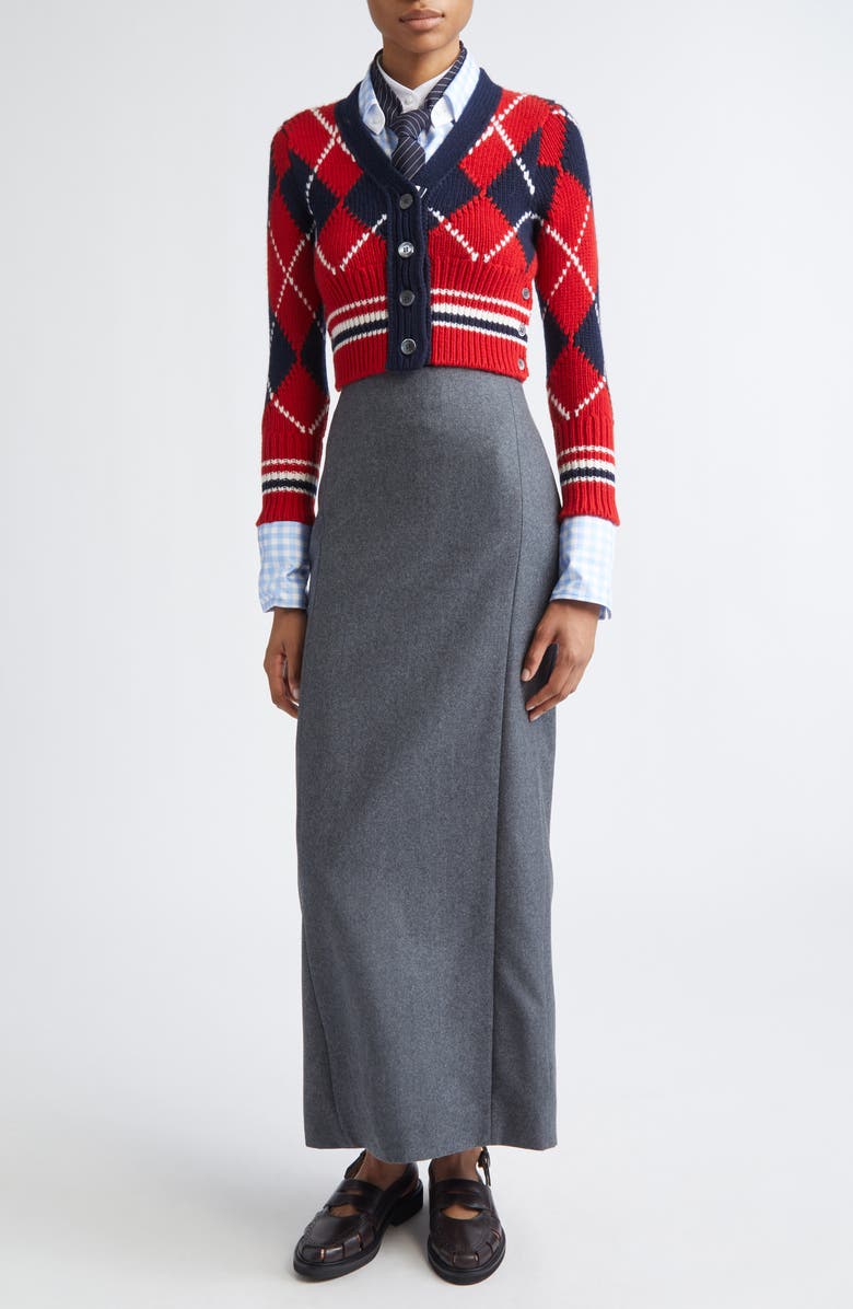 Thom Browne Argyle Intarsia Shrunken Virgin Wool Blend Cardigan, Alternate, color, Red/ White/ Blue