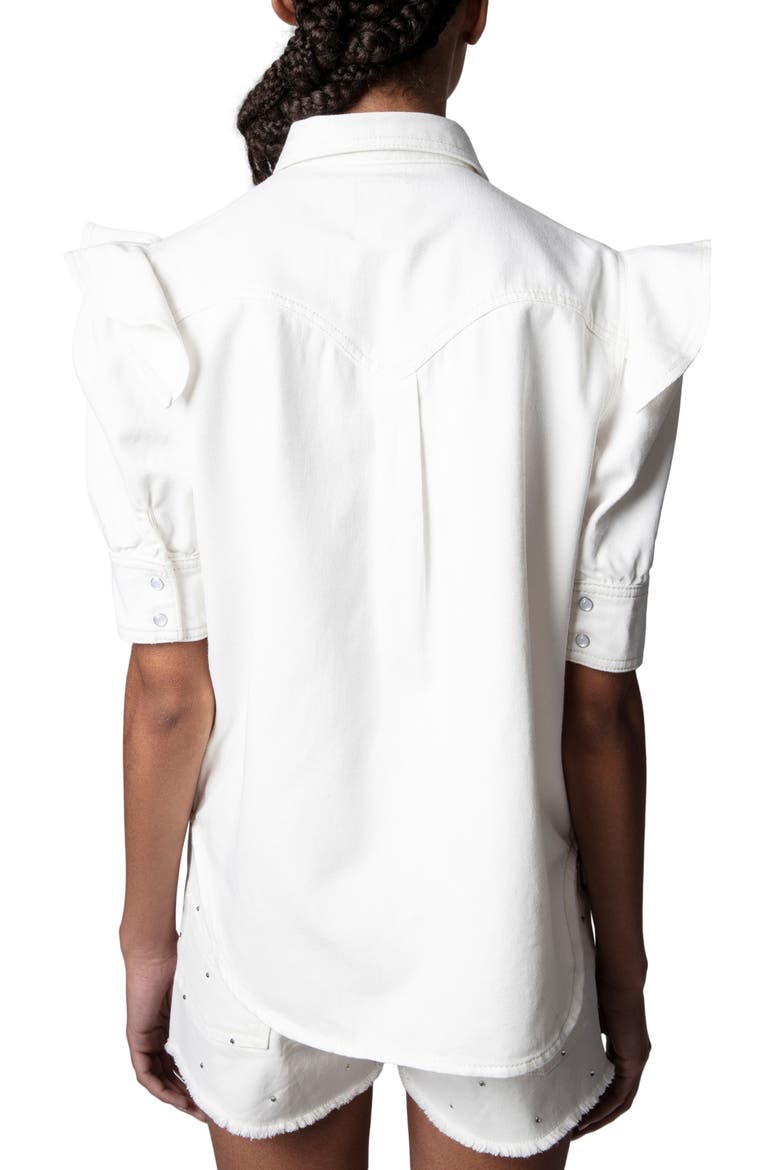 Toky Ruffle Cotton Denim Shirt, Alternate, color, JUDO