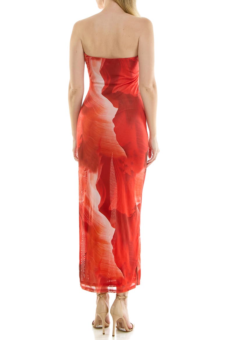 Printed Mesh Strapless Maxi Dress, Alternate, color, RED