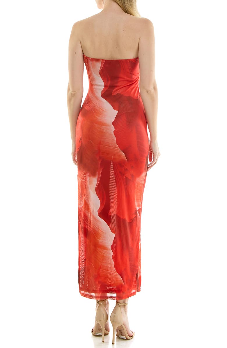 bebe Printed Mesh Strapless Maxi Dress, Alternate, color, Red