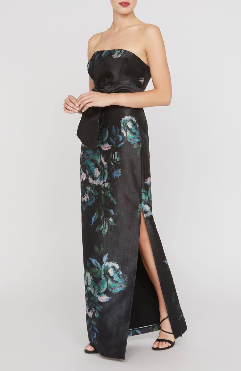 Kay Unger Constance Floral Bow Detail Strapless Column Gown, Alternate, color, Black/ Deep Green
