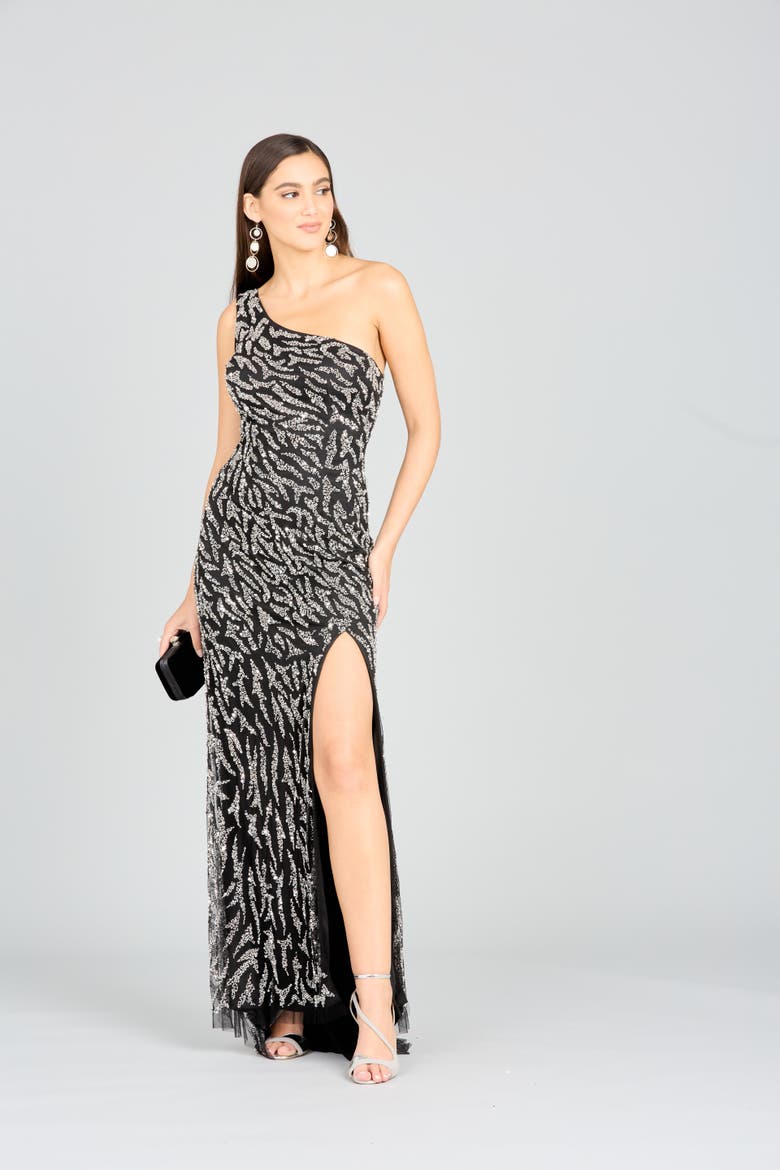 One-Shoulder Beaded Gown with High Slit, Main, color, BlackSilver