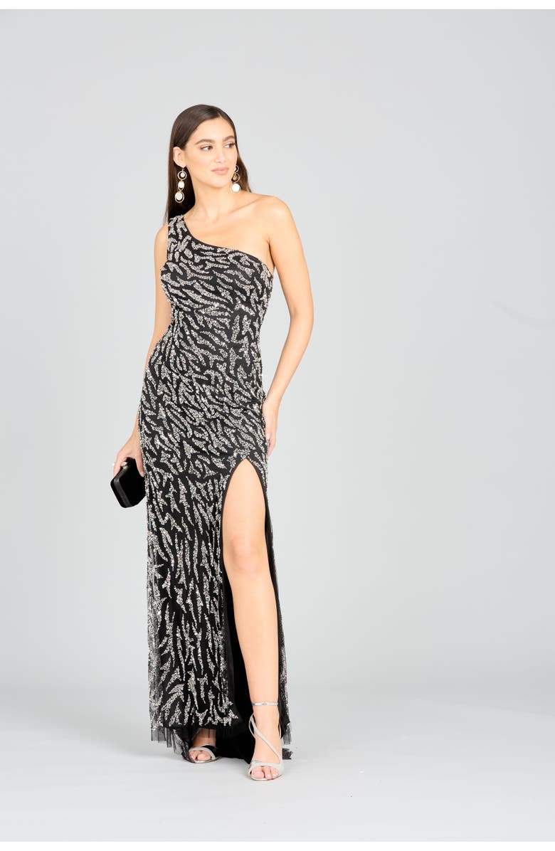 LARA New York One-Shoulder Beaded Gown with High Slit, Main, color, Blacksilver