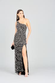 LARA New York One-Shoulder Beaded Gown with High Slit