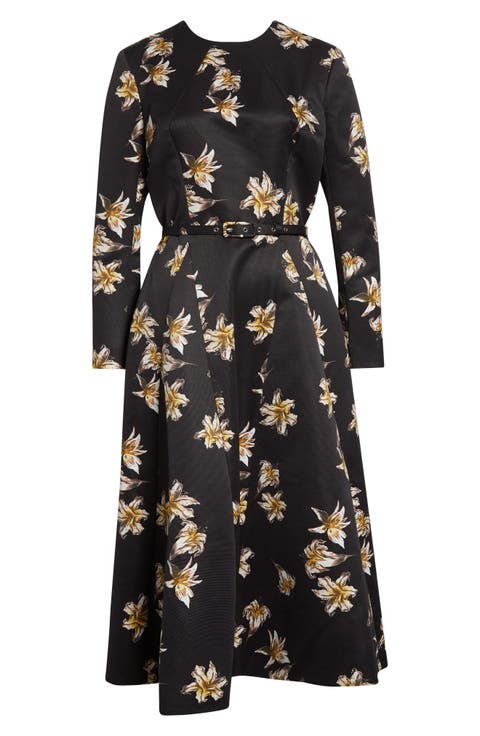 Uccelina Festive Lillies Long Sleeve Belted Fit & Flare Faille Midi Dress