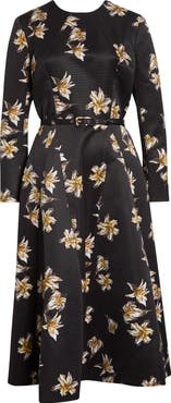 Emilia Wickstead Uccelina Festive Lillies Long Sleeve Belted Fit 
Flare Faille Midi Dress