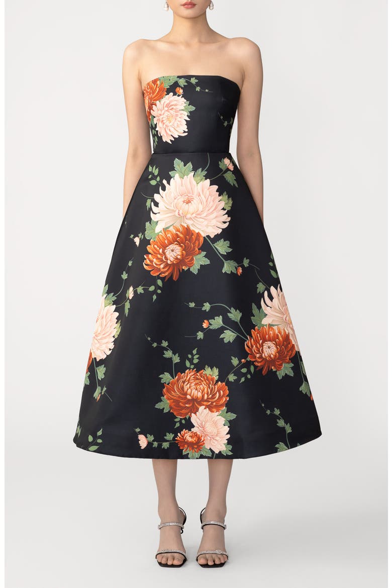 Fiora Floral Strapless Satin Gown, Main, color, BLACK