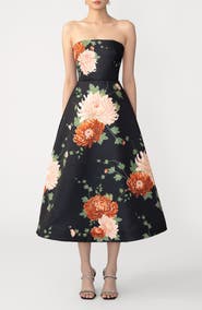 SAU LEE Fiora Floral Strapless Satin Gown