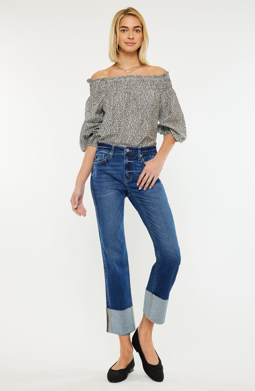 Kancan Gisela Mid Rise Crop Straight Jeans In Dark Wash