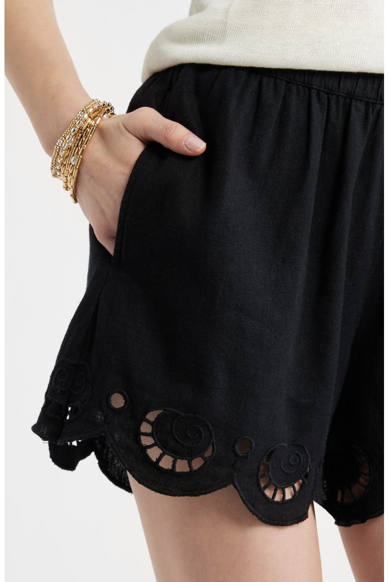 Cutwork Hem Linen Blend Pull-On Shorts, Alternate, color, BLACK