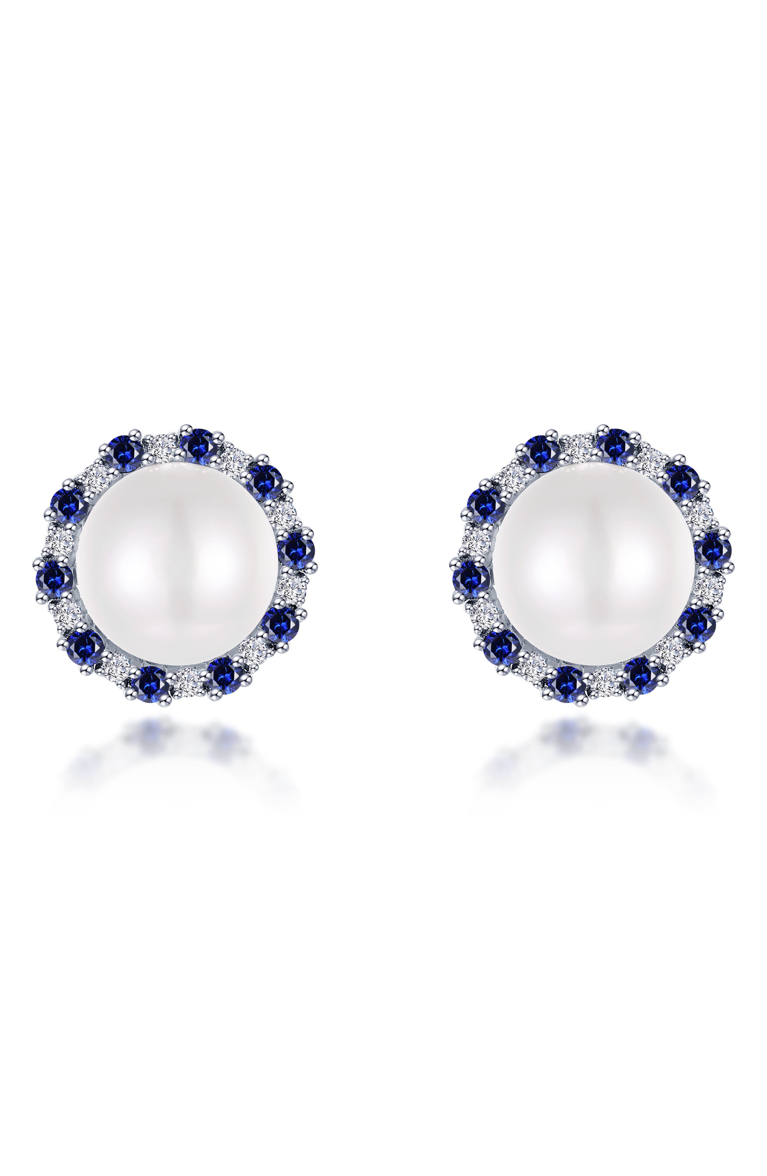 Sapphire & Simulated Diamond Imitation Pearl Stud Earrings