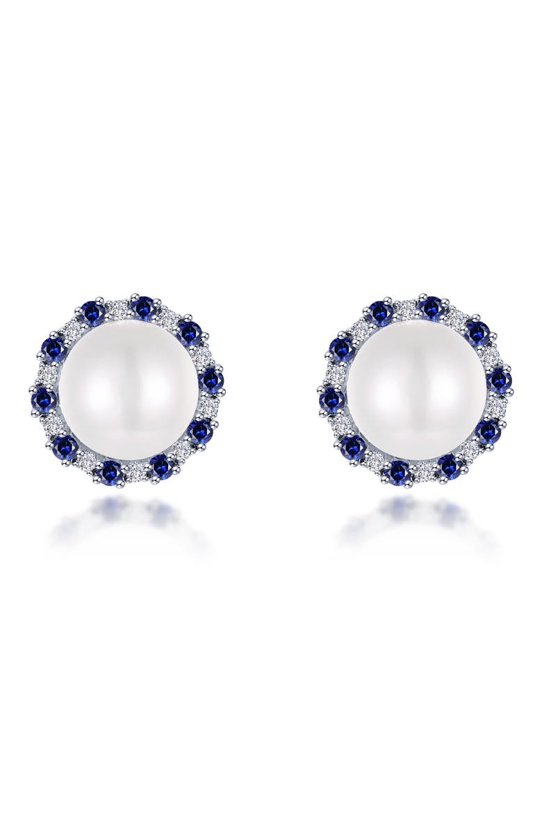 Sapphire & Simulated Diamond Imitation Pearl Stud Earrings, Main, color, SAPPHIRE