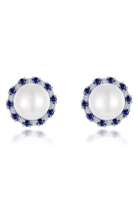 Sapphire & Simulated Diamond Imitation Pearl Stud Earrings