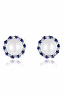 Sapphire & Simulated Diamond Imitation Pearl Stud Earrings