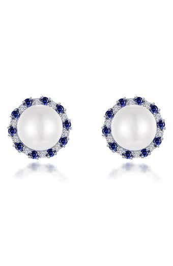 Sapphire & Simulated Diamond Imitation Pearl Stud Earrings