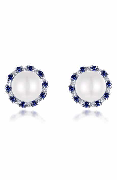 Sapphire & Simulated Diamond Imitation Pearl Stud Earrings
