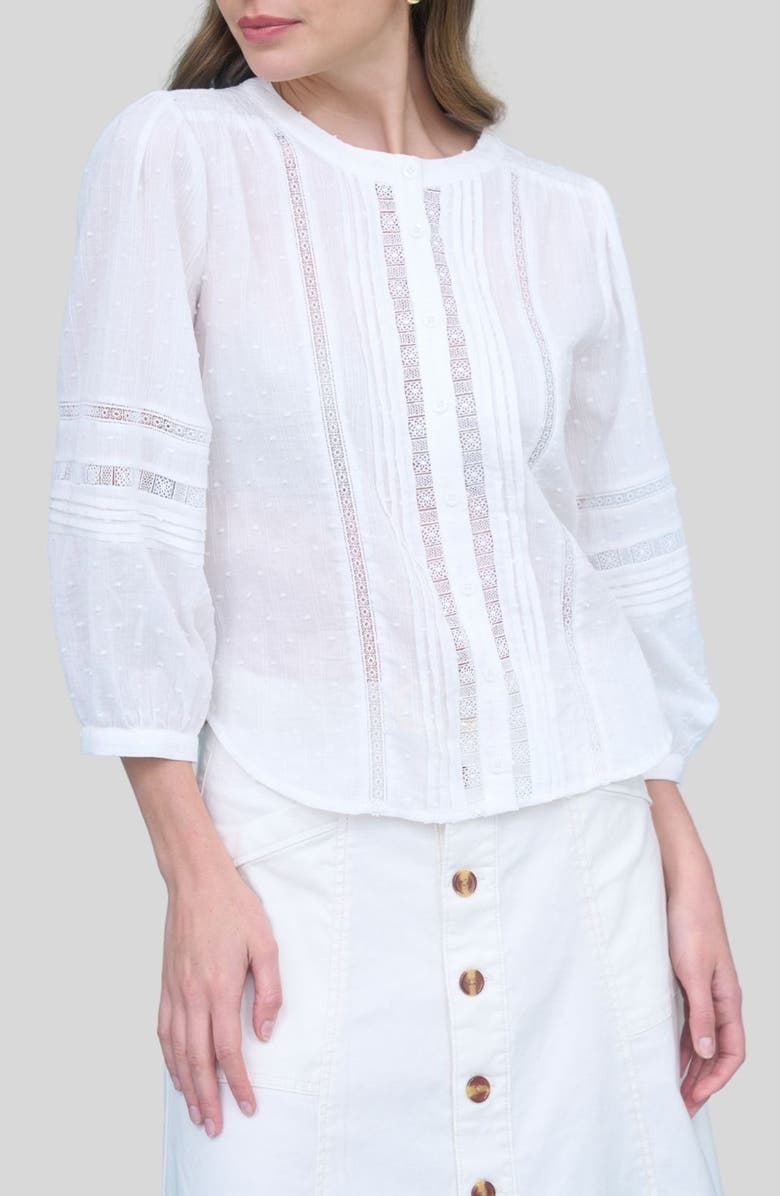 ZOE AND CLAIRE Lace Inset Clip Dot Cotton Top, Main, color, Off White