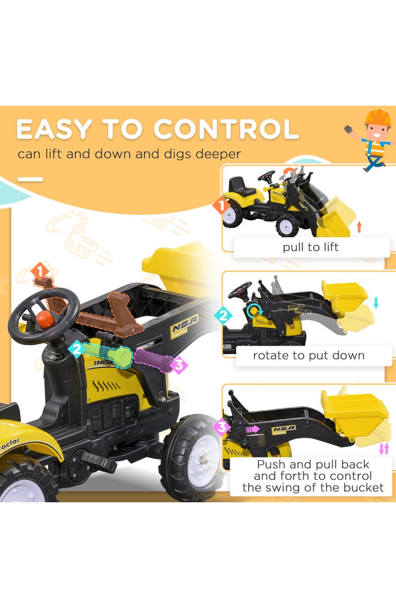 Aosom Kids Manual-Pedal Excavator with Front Loader, Alternate, color, Yellow