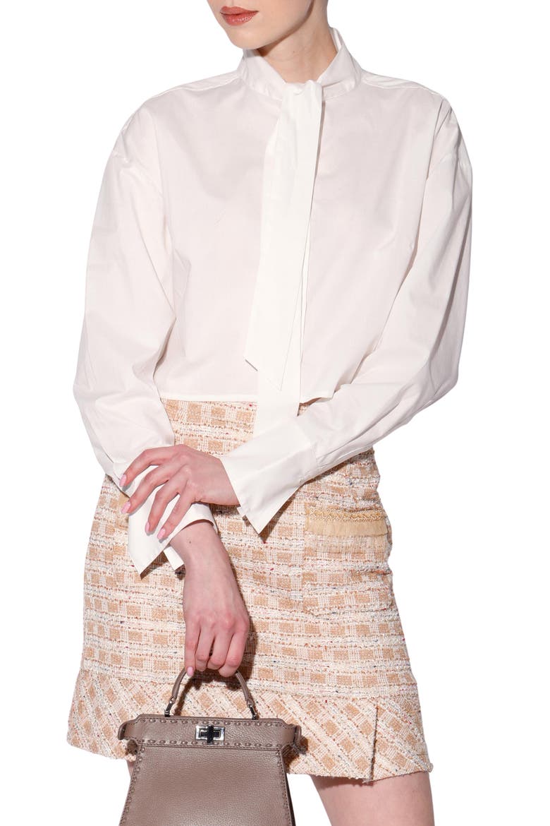 Monroe Tie Neck Long Sleeve Crop Button-Up Shirt, Main, color, WHITE