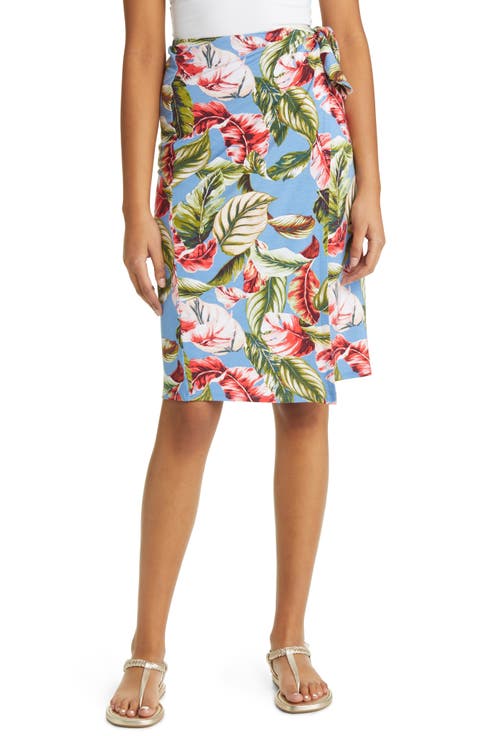 Palm Print Faux Wrap Knit Midi Skirt