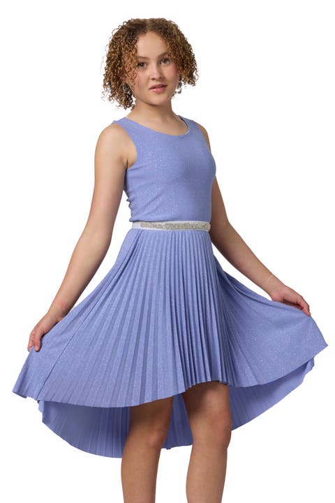 Glitter Pleated High Low Dress with Belt (Big Kid)