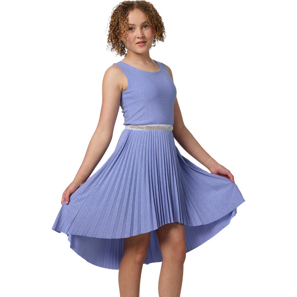 Un Deux Trois Glitter Pleated High Low Dress With Belt In Blue