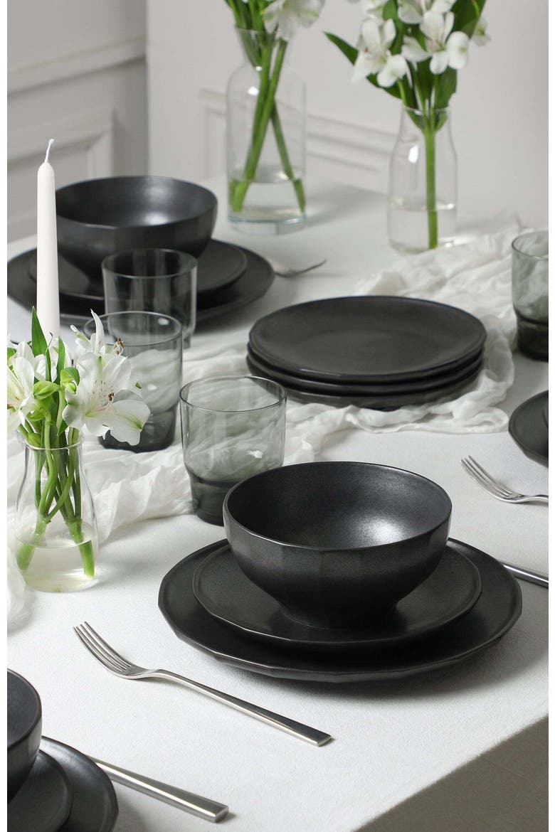Rio Stoneware 16-Piece Dinnerware Set with Glasses, Alternate, color, Black