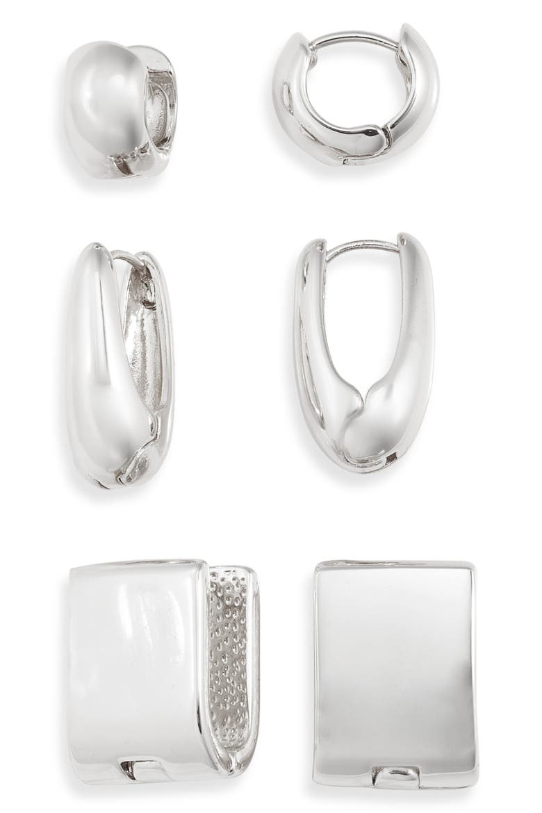 Set of 3 Geometric Hoop Earrings, Main, color, SILVER