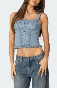 EDIKTED Juliet Lace-Up Cotton Corset Top