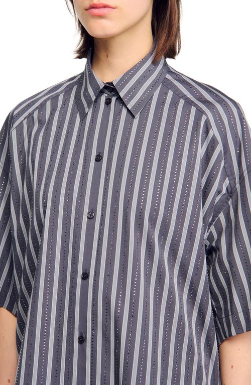 Sandro Oversized Striped Rhinestone Shirt In Blue