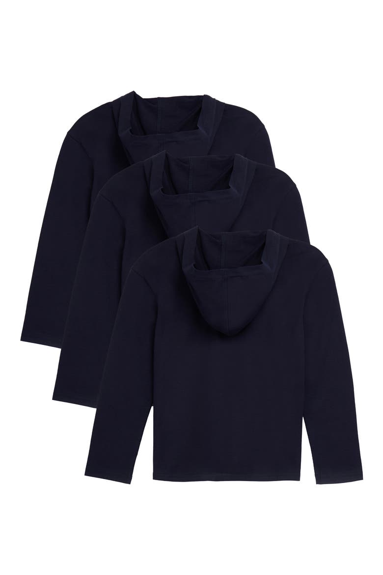 Kids' 3-Pack Hooded Long Sleeve Cotton T-Shirts, Alternate, color, NAVY/ NAVY/ NAVY