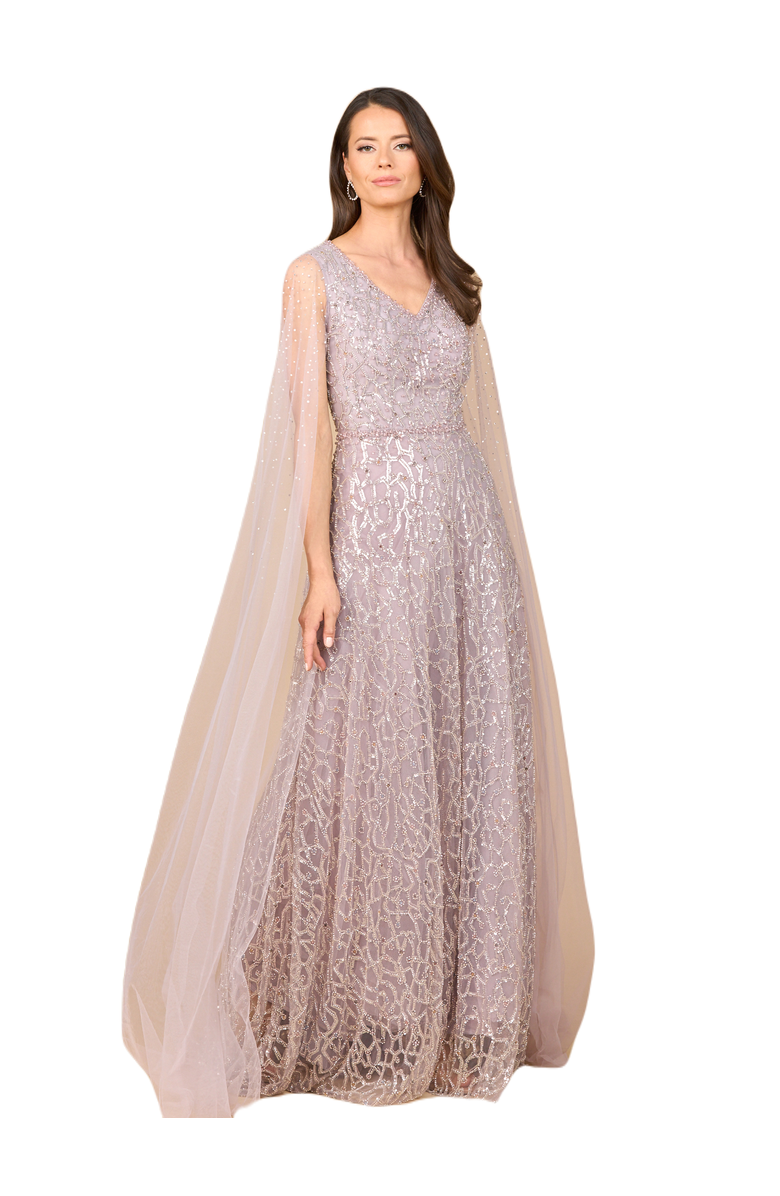 LARA New York Beaded Lace Gown with Cape Sleeves, Main, color, Dusty Purple