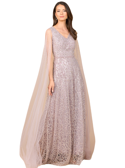 Lara New York Beaded Lace Gown With Cape Sleeves In Neutral
