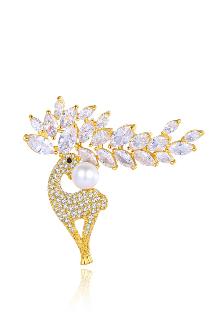Pavé and Shell Pearl Reindeer Multi Way Brooch Pendant, Main, color, Gold