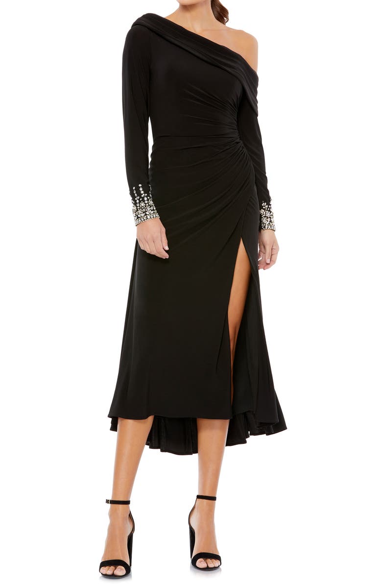Mac Duggal One-Shoulder Long Sleeve Chiffon Midi Dress, Main, color,