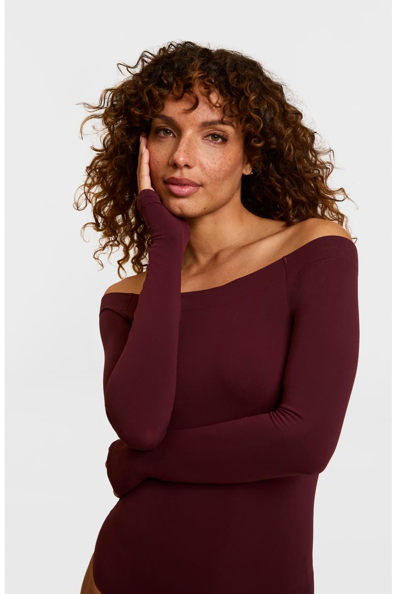 Off the Shoulder Ballet Bodysuit, Alternate, color, RAISIN
