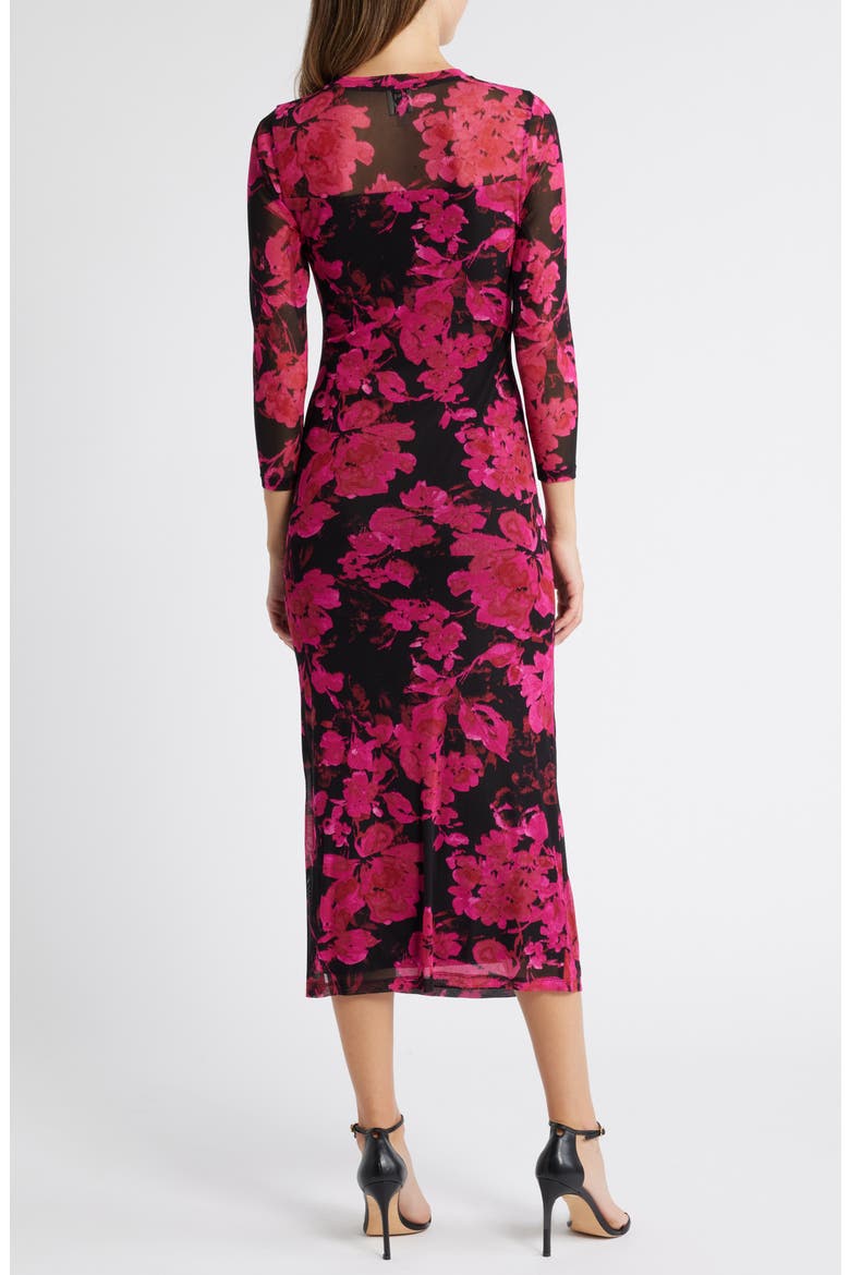 Print Ruched Mesh Midi Dress, Alternate, color, ANNE BLACK MULTI