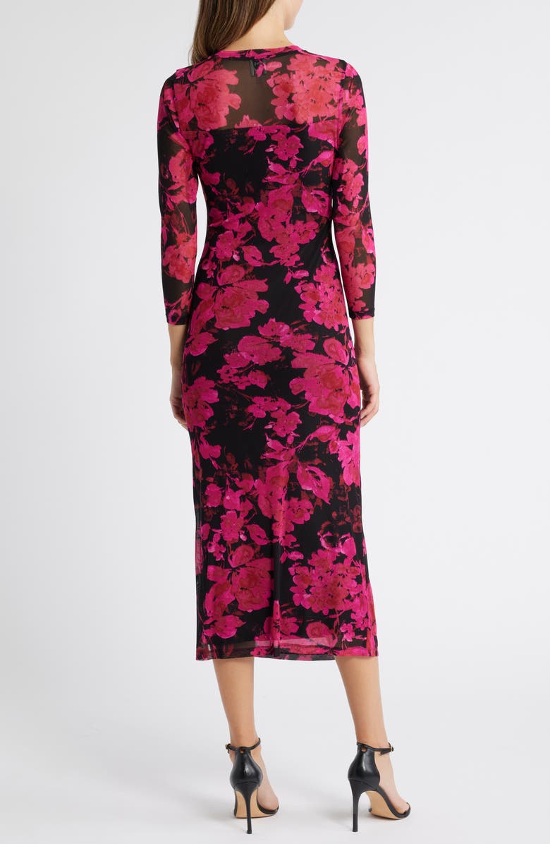 Anne Klein Print Ruched Mesh Midi Dress, Alternate, color,