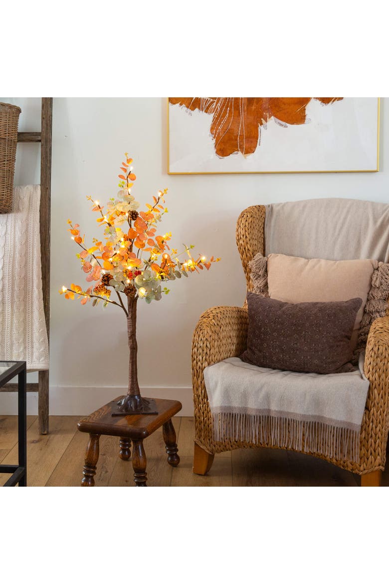 3-ft Pre-Lit Autumn Eucalyptus Artificial Fall Tree with Pinecones, Berries and 36 Warm White LED Lights, Alternate, color, Orange