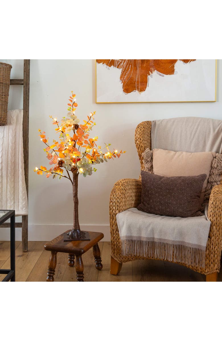 NEARLY NATURAL 3-ft Pre-Lit Autumn Eucalyptus Artificial Fall Tree with Pinecones, Berries and 36 Warm White LED Lights, Alternate, color, Orange