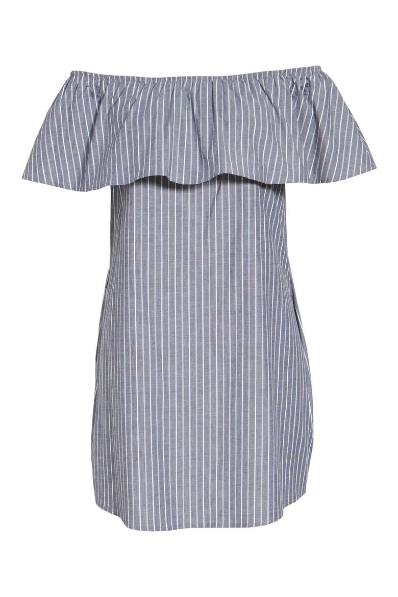Amanda Ruffle Off the Shoulder Dress, Alternate, color, CHARCOAL STRIPE