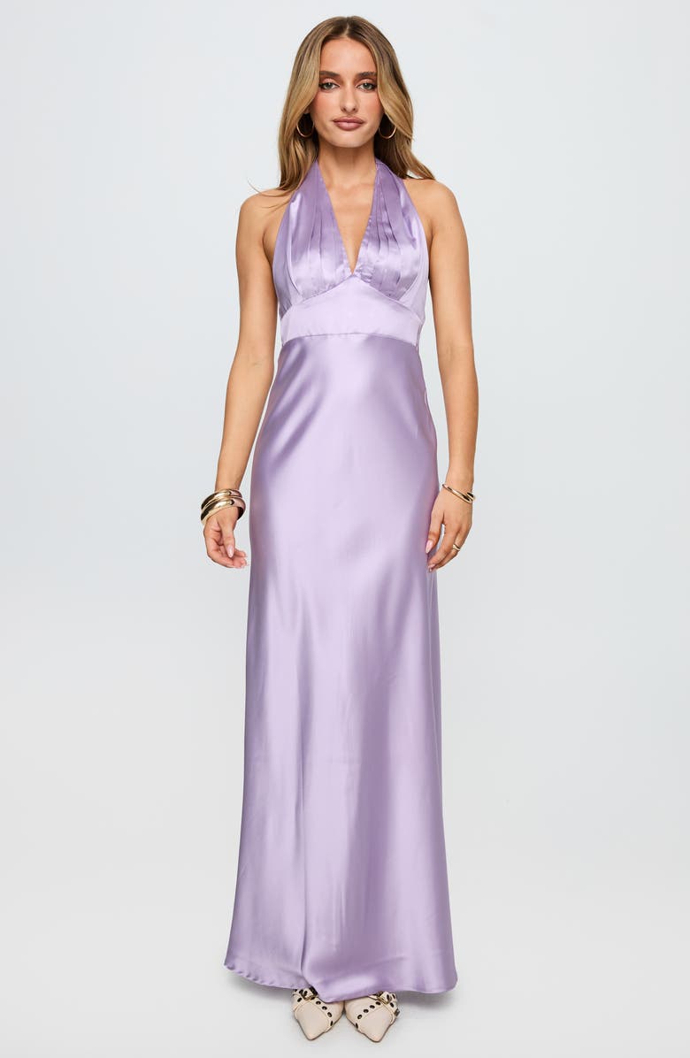 Princess Polly Big Screen Halter Neck Satin Gown, Alternate, color, Lilac