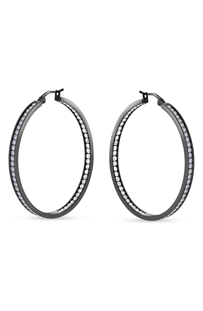 BLING JEWELRY Rhodium Plated Stainless Steel Black & CZ Hoop Earrings, Main, color, 