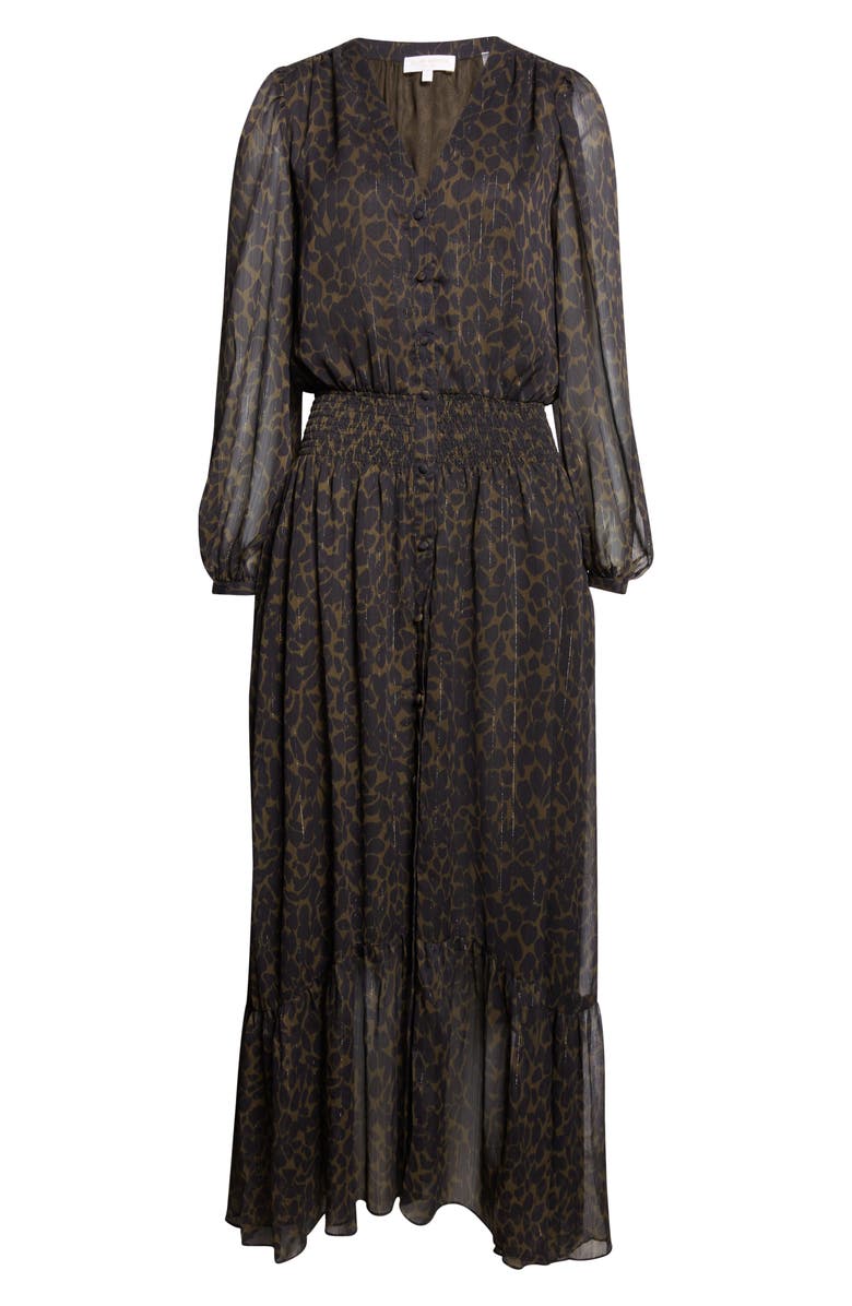 Ramy Brook Teresa Metallic Belted Long Sleeve Maxi Dress, Alternate, color, Black / Deep Olive Foliage